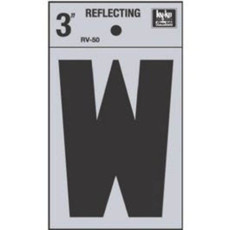 Address Letter, “W”, Reflective, Black Vinyl  Adhesive, 3-In.