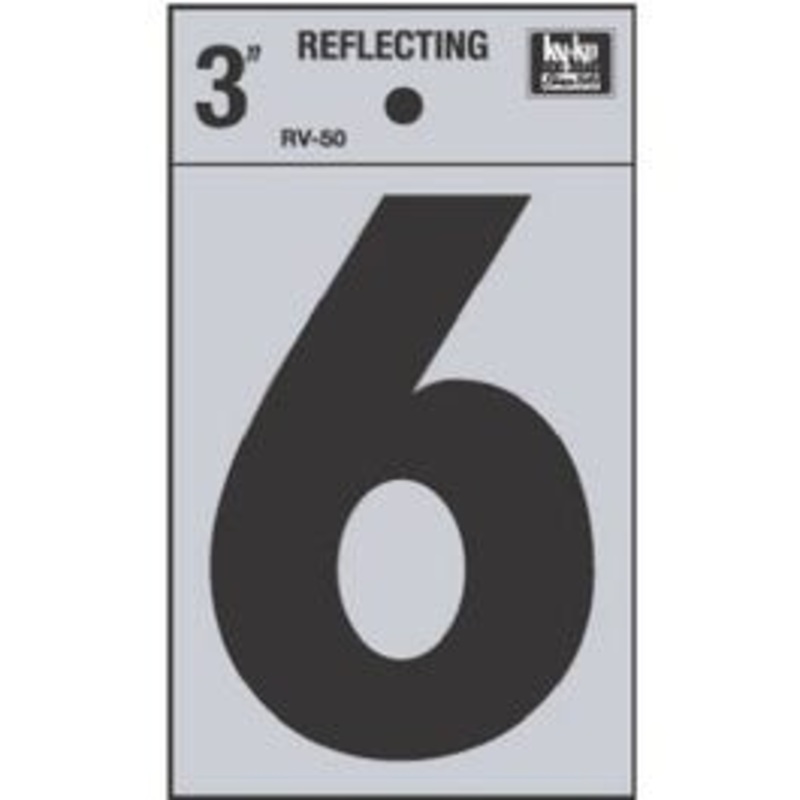 Address Number, “6”, Reflective, Black Vinyl Adhesive, 3-In.