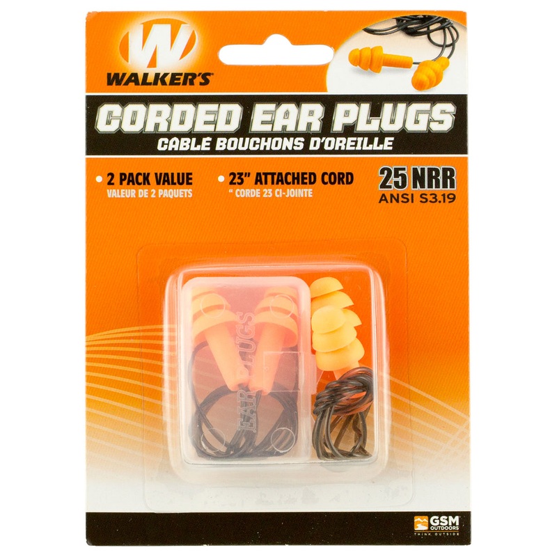 Walkers GWPEPCORD2PK Corded Foam Ear Plugs 33 dB Orange Ear Buds w/Black Cord 2 Per Pack