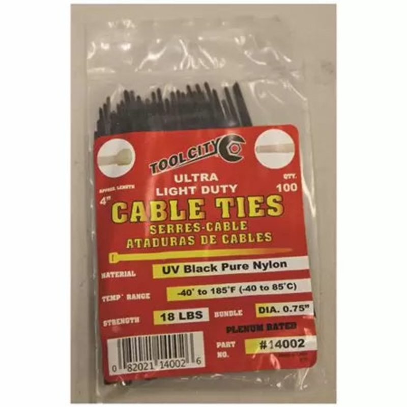 Tool City Ultra Light Duty Cable Ties Pure Nylon Black 18 lbs 4″ 100 Pack