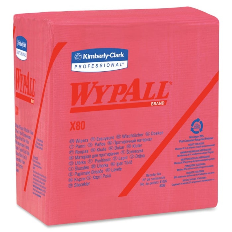 WYPALL X80 Hydroknit Quarterfold Wipers, 12.5 x12 in, Red, 200 Wipers