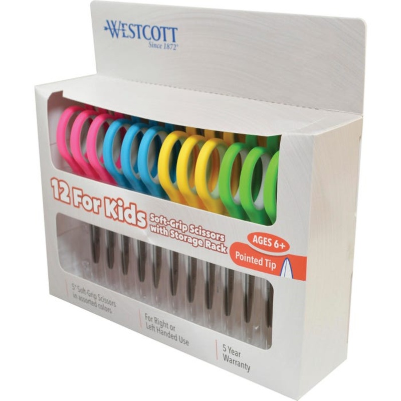 Westcott Soft Grip Pointed Tip Kids Scissors, 5 Inches, Assorted Colors, Pack of 36