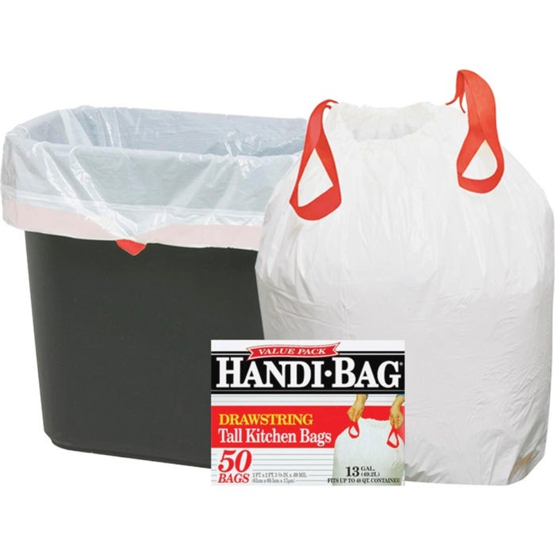 Webster Industries Handi Bag Drawstring Trash Can Liners, 13 Gallon, White, Pack of 50