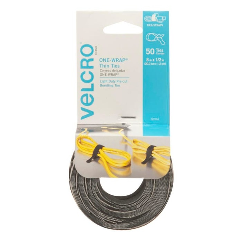 VELCRO Brand Hook and Loop One-Wrap Thin Ties, 1/2 x 8 Inch, Black/Gray, Pack of 50
