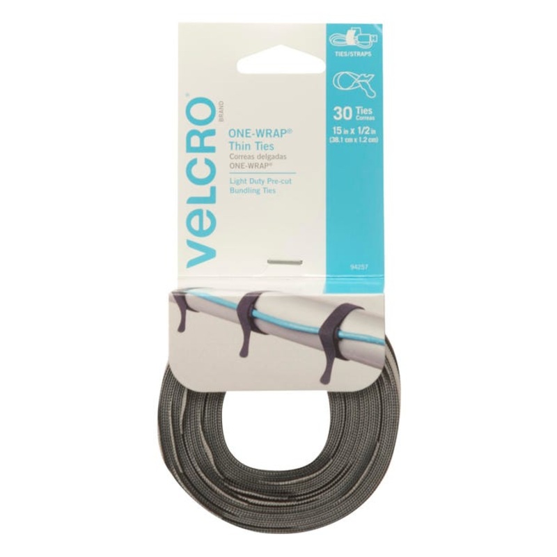 VELCRO Brand ONE-WRAP Thin Ties, 1/2 x 15 Inches, Black/Gray, Pack of 30