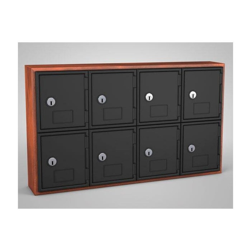 United Visual Products Wood Frame Locker, 8 Door Keyed Lock, Cherry Frame, Gray Door