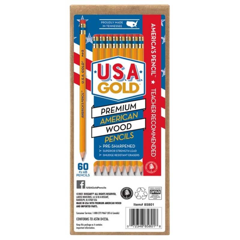 USA Gold Woodcase Pencils, No 2, Pre-Sharpened, Pack of 60