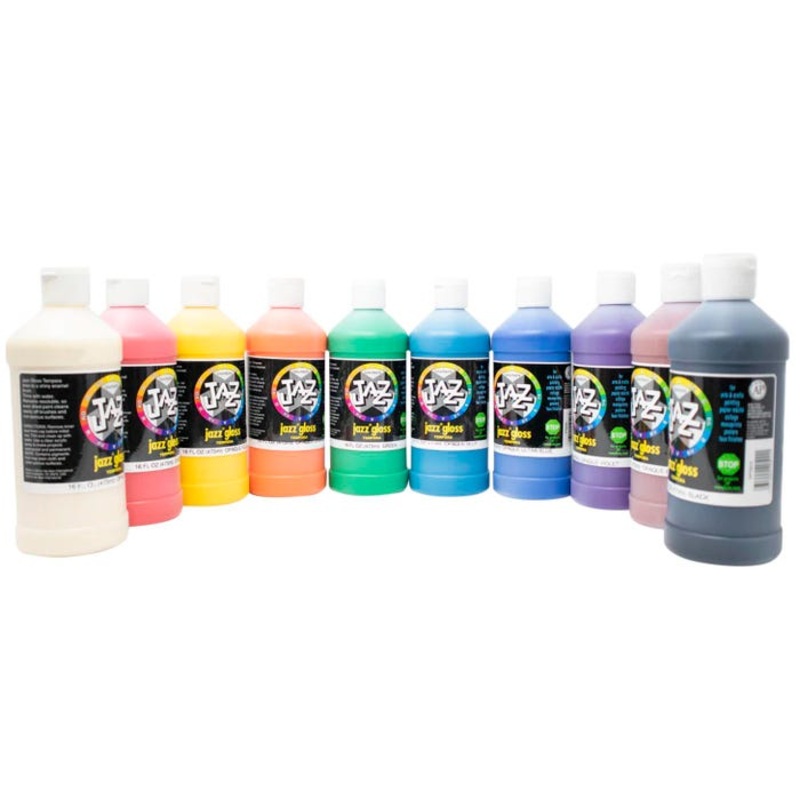 Van Aken Jazz Water Soluble Sparkling Tempera Paint, Assorted Opaque Gloss Color, Pint Set of 10