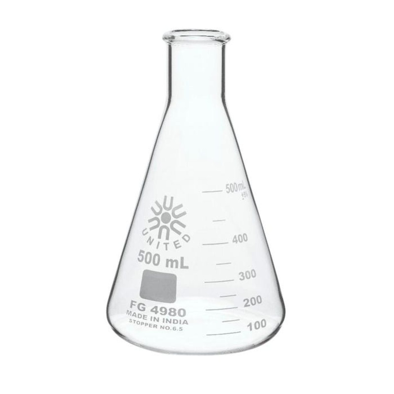 United Scientific Erlenmeyer Flask, Narrow Mouth, Borosilicate Glass, 500ml