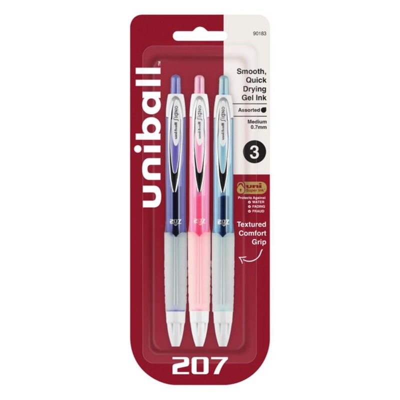 uniball 207 Gel Pen, 0.7 mm, Assorted, Set of 3