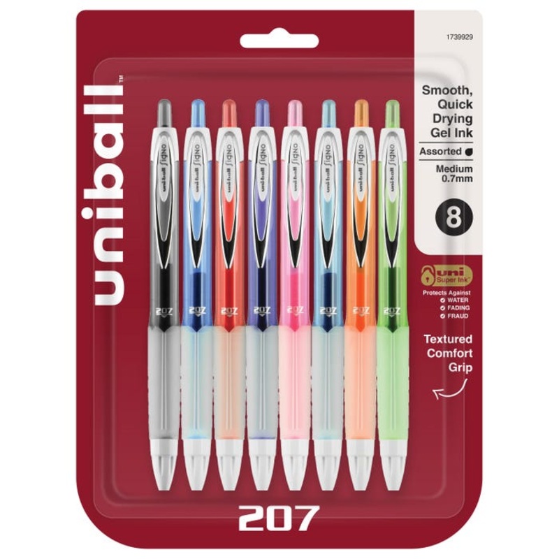 uniball 207 Gel Pen, 0.7 mm, Assorted, Set of 8