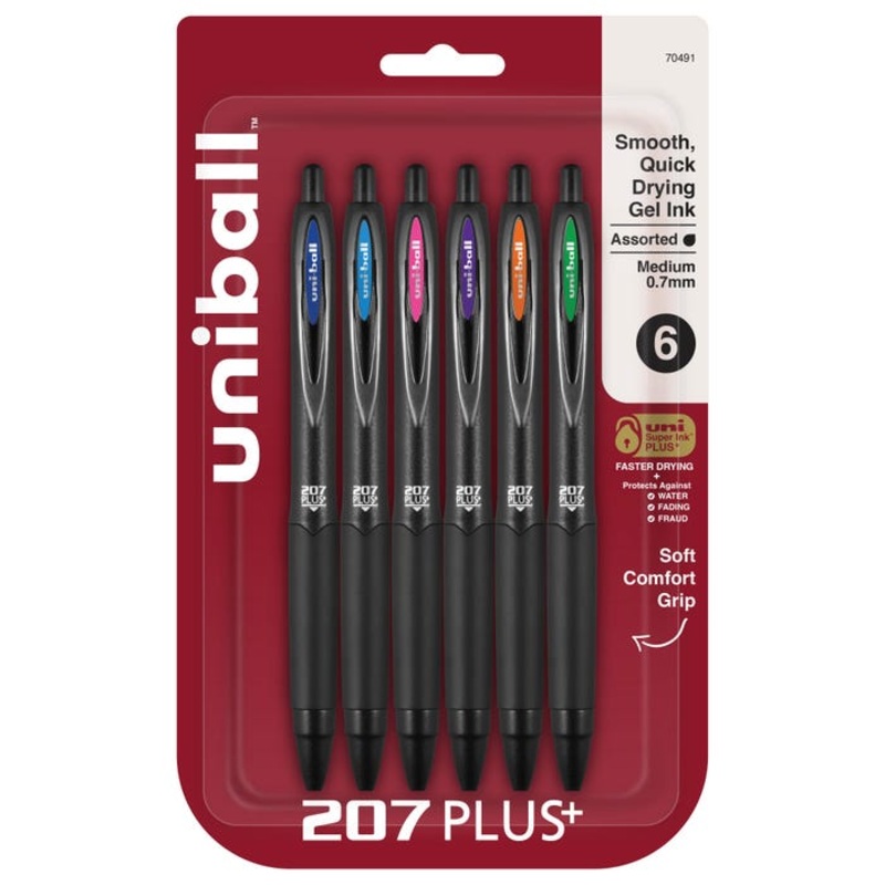uniball 207 PLUS+, 0.7 mm, Assorted Fashion Colors, Set of 6
