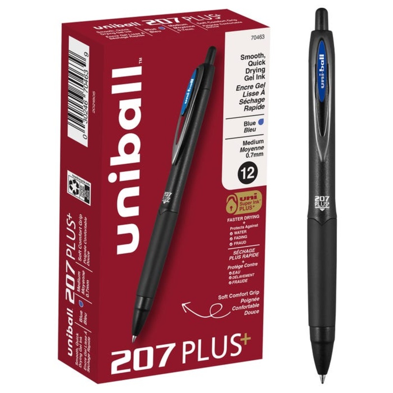 uniball 207 Plus+ Gel Pen, 0.7 mm, Blue, Pack of 12