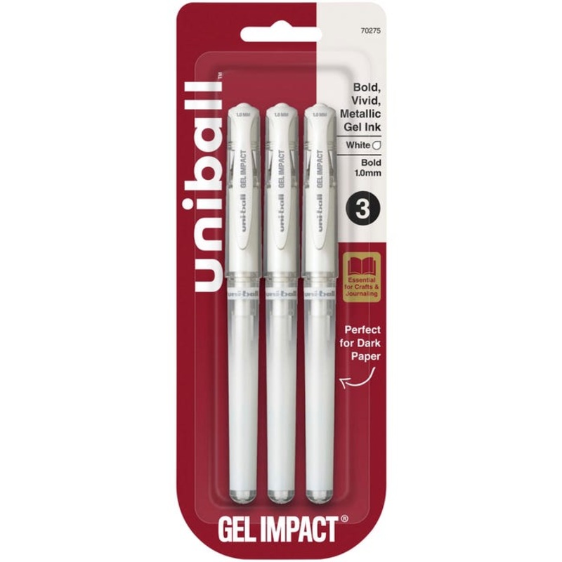 uniball Gel Impact, 1.0 mm, White, Pack of 3