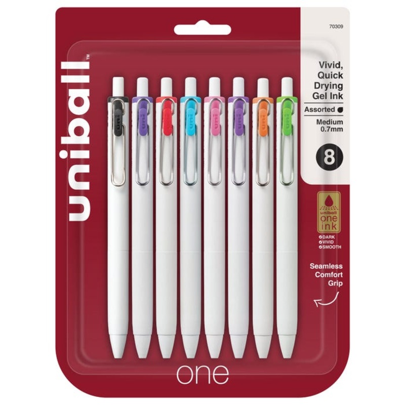 uniball One Gel, 0.7 mm, Assorted, Set of 8