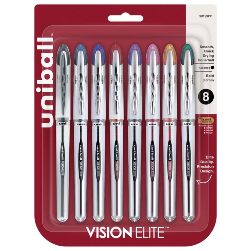 uniball Vision Elite Roller Ball Stick Pen, 0.8 mm Bold Tip, Assorted Colors, Set of 8