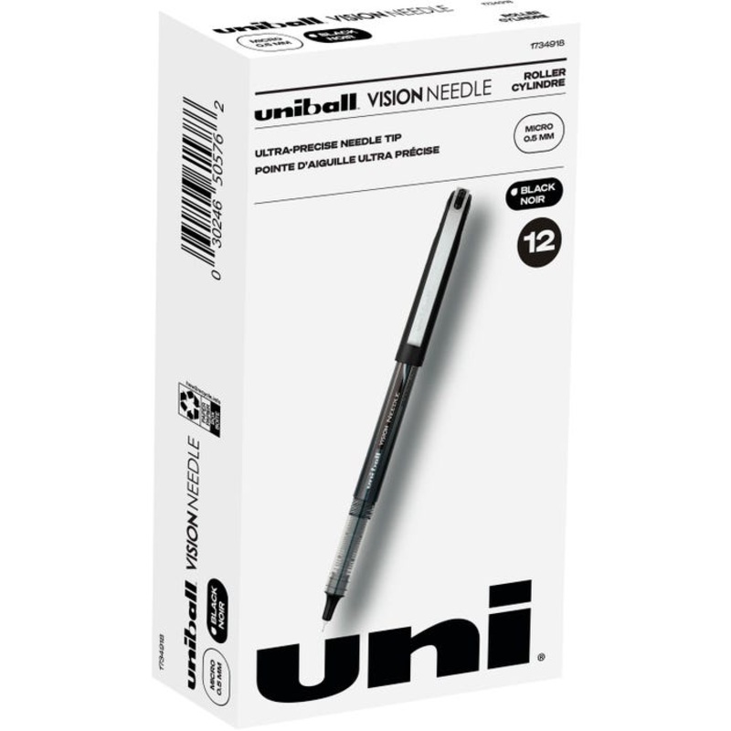 uniball Vision Needle Stick Pen, 0.5 mm, Black Ink/Barrel, Pack of 12