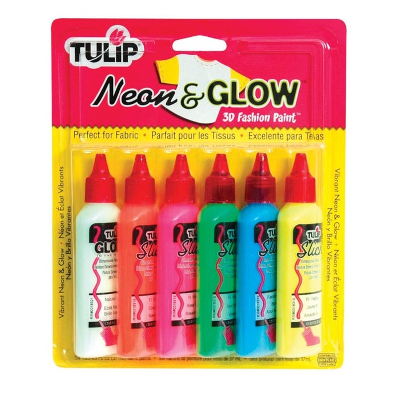 Tulip Washable Slick Neon and Glow 3D Fabric Paint Set, Assorted Colors, Set of 6