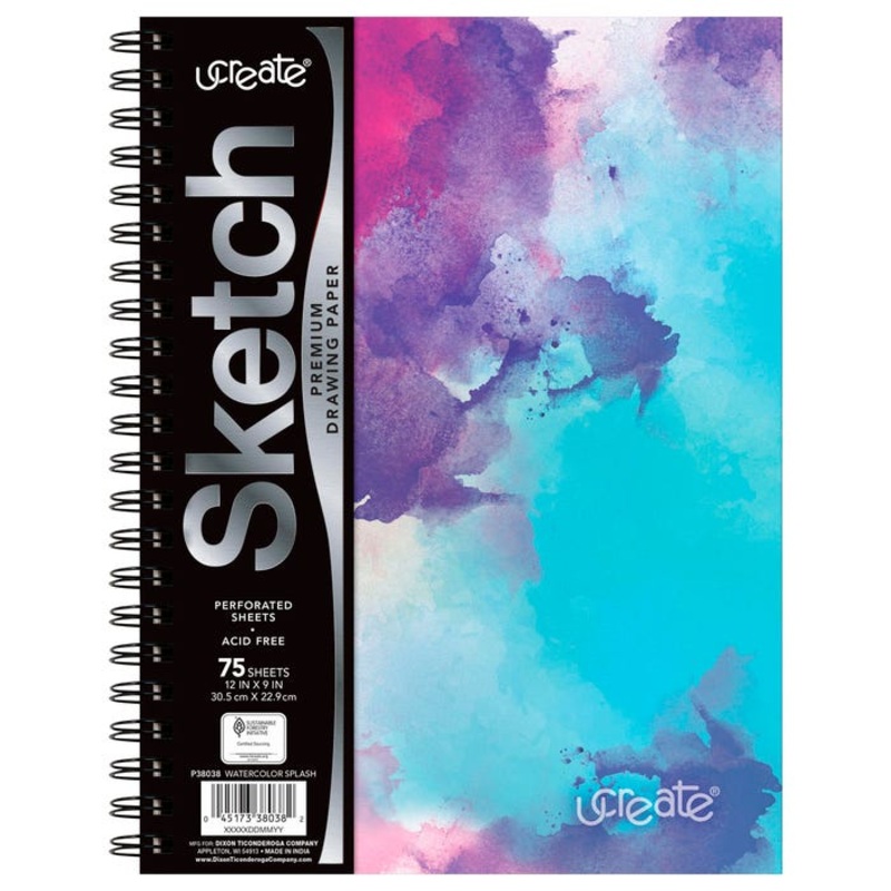 Ucreate Sketch Pad, Watercolor Splash, 9 x 12 Inches, 75 Sheets