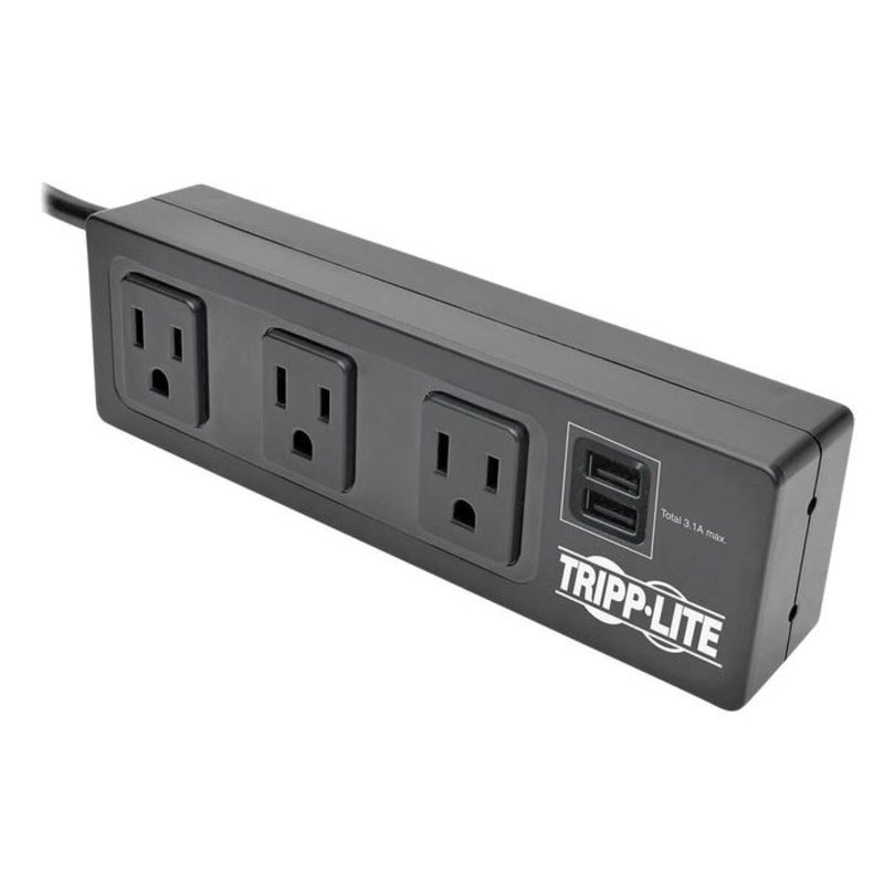 Tripp Lite 3-Outlet Surge Protector with Mounting Brackets, 10 Foot Cord, 2 USB Charging Ports, Black