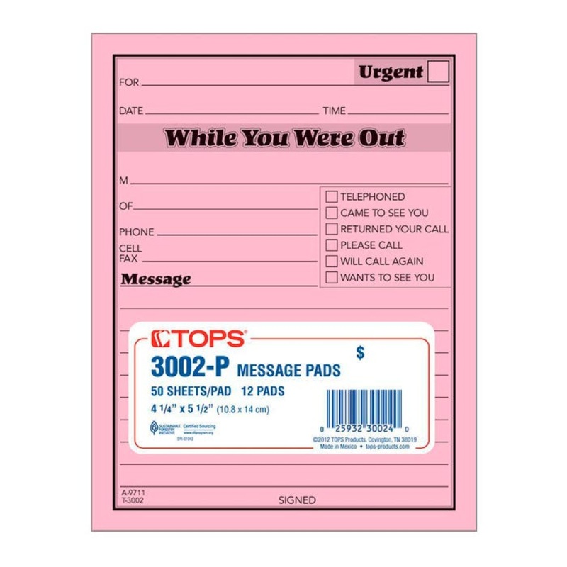 Tops Important Message Pad, 4-1/4 x 5-1/2 Inches, Pink, 50 Sheets Each, 12 Pads