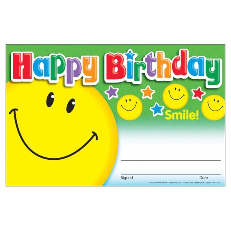 Trend Enterprises Happy Birthday Smile Recognition Award, Pack of 30