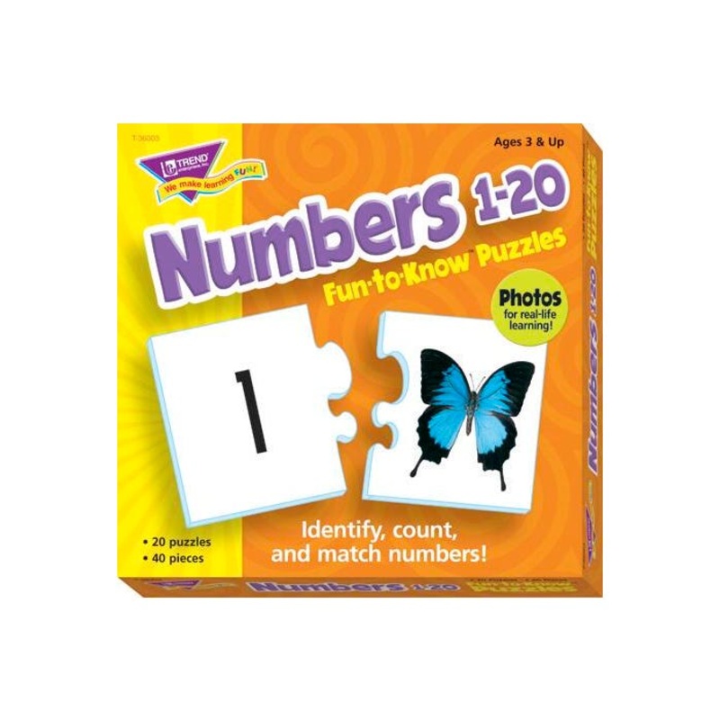 Trend Enterprises Numbers 1 to 20 Two-Piece Puzzles, Assorted Themes, Set of 20
