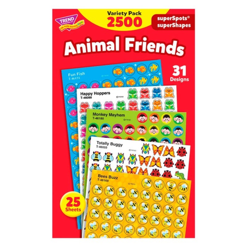 Trend Enterprises SuperSpots Animal Friends Stickers, Pack of 2500