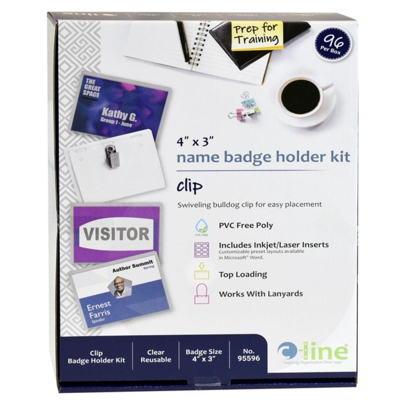 C-Line Clip Name Badge Holder with Inserts, 3 x 4 Inches, Clear, Pack of 96