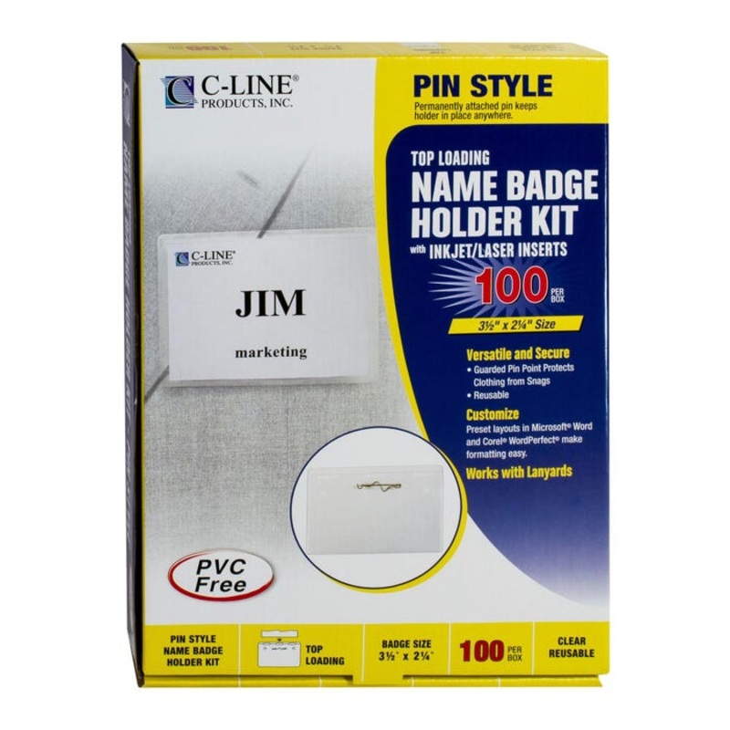 C-Line Pin Style Name Badges with Inserts, Clear, 3-1/2 x 2-1/4 Inches, Pack of 100