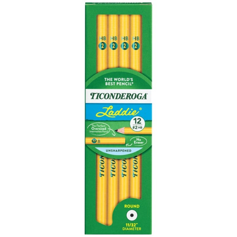 Ticonderoga Laddie Pencils, No 2 HB, Unsharpened, Without Erasers, Yellow, Pack of 12
