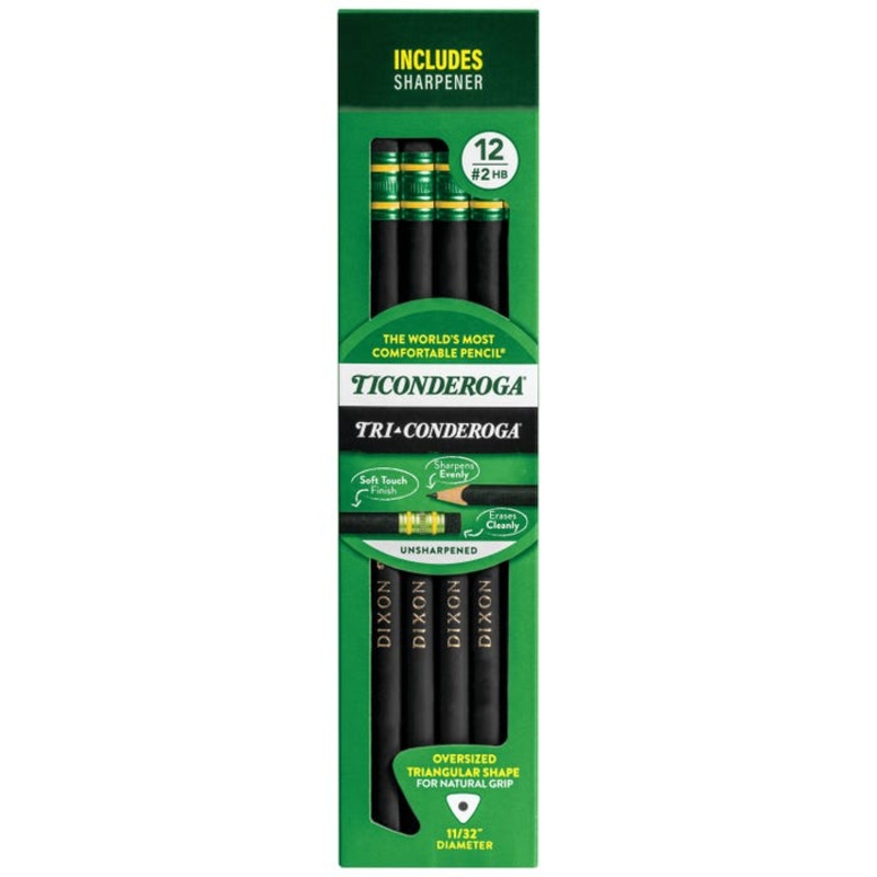 Ticonderoga Tri-Conderoga Triangular Pencils, No 2 HB, Unsharpened, Black, Pack of 12