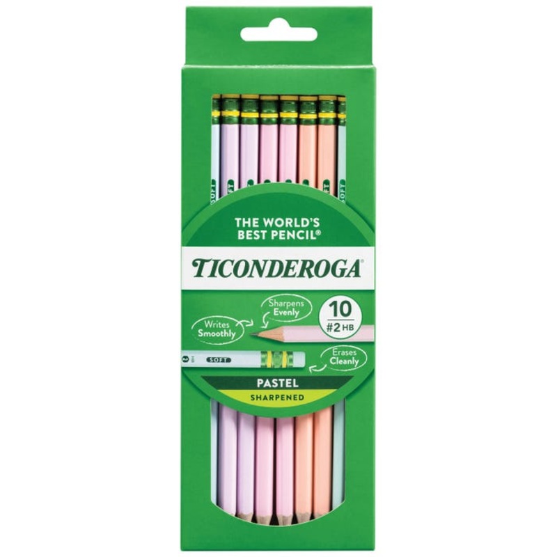 Ticonderoga Wood-Cased Pre-Sharpened Pencils #2 HB Soft, Pastel Casings, Pack of 10