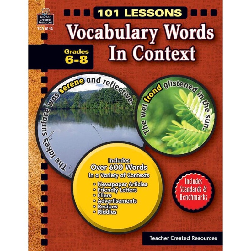 Teacher Created Resources 101 Lessons Vocabulary Words in Context Book, Grades 6 – 8, 112 Pages