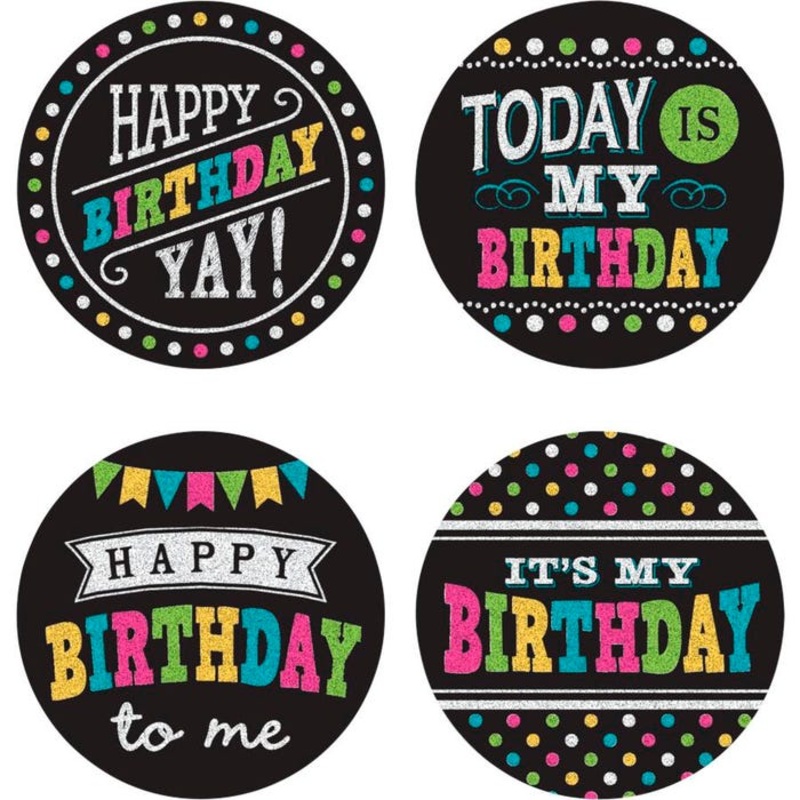 Teacher Created Resources Chalkboard Brights Happy Birthday Wear 'Em Badges, Pack of 32