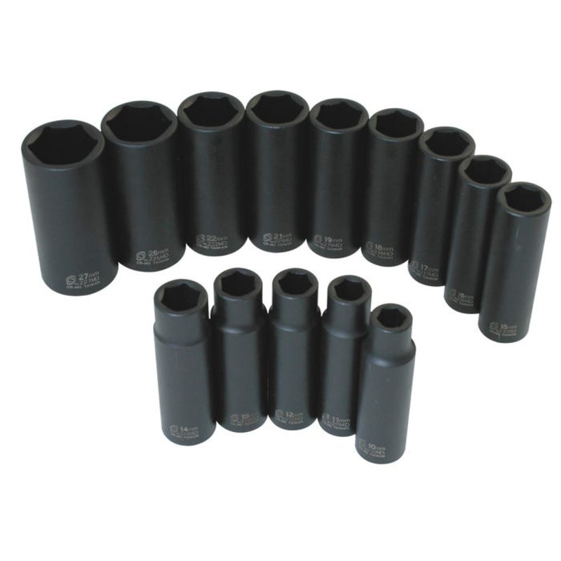 Sunex Intl 14-Piece 6-Point Deep Length Impact Socket Set – Metric, 1/2 in Drive, Alloy Steel, Set of 14