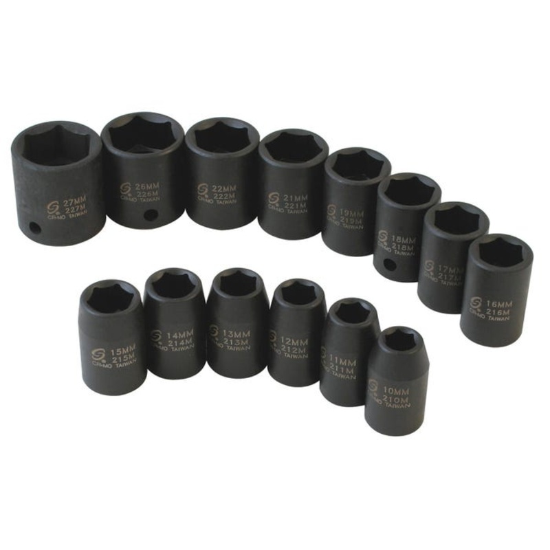 Sunex Intl 14-Piece 6-Point Standard Impact Socket Set – Metric, 1/2 in Drive, Alloy Steel, Set of 14