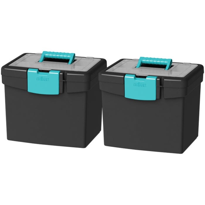 Storex File Storage Box with XL Storage Lid, 10-7/8 x 13-1/4 x 11 Inches, Black/Teal, Pack of 2