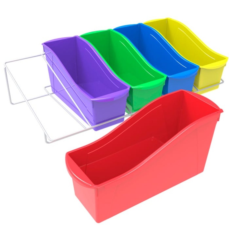 Storex Metal Shelf Rack with 5 Large Book Bins, 25-7/10 x 14-1/3 x 7-1/4 Inches, Assorted Colors
