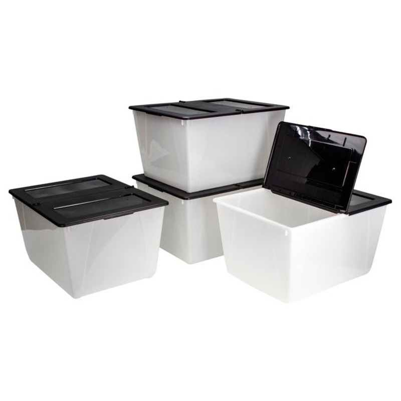 Storex Storage Bins, 16 Gallons, Clear with Black Lid, Pack of 4