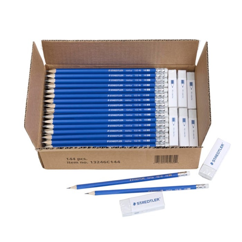 Staedtler Norica Pencils and Erasers, No 2 HB, Pre-sharpened, Pack of 156