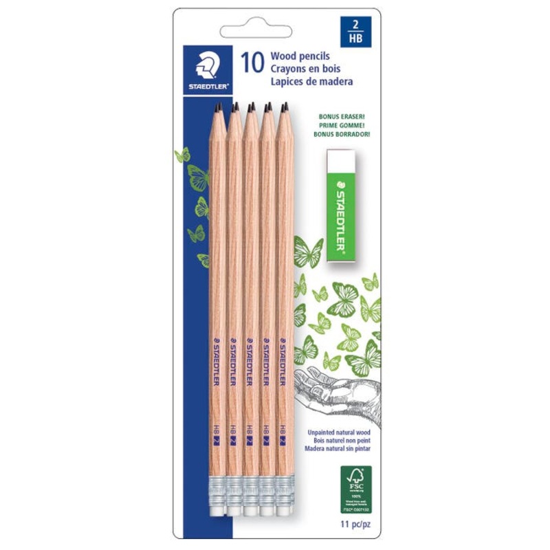Staedtler Round Barrel HB2 Unpainted Woodcased Pencil, Pack of 10 Plus 1 Bonus Eraser