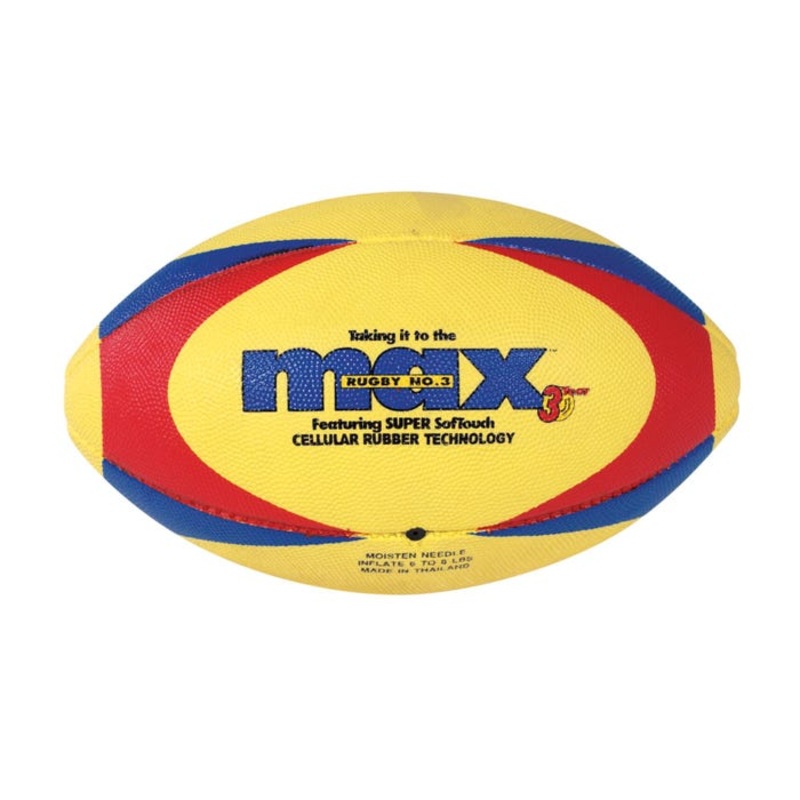 Sportime Max ProRubber Rugby Ball, Size 5, Yellow with Red/Blue Pattern
