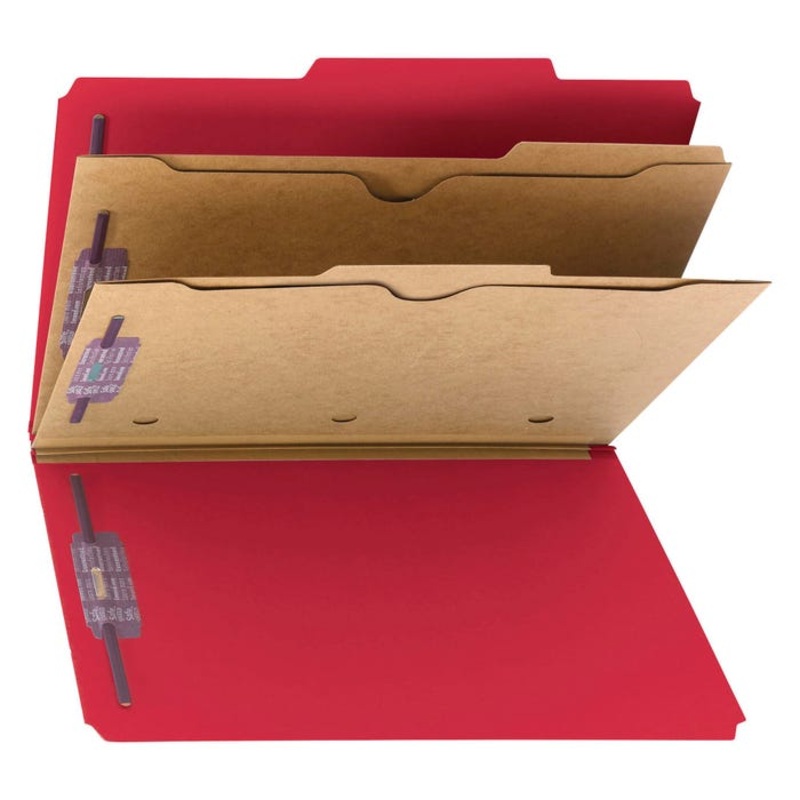 Smead SafeSHIELD Pressboard Classification Folder, Legal Size, 2 Dividers, Bright Red, Pack of 10