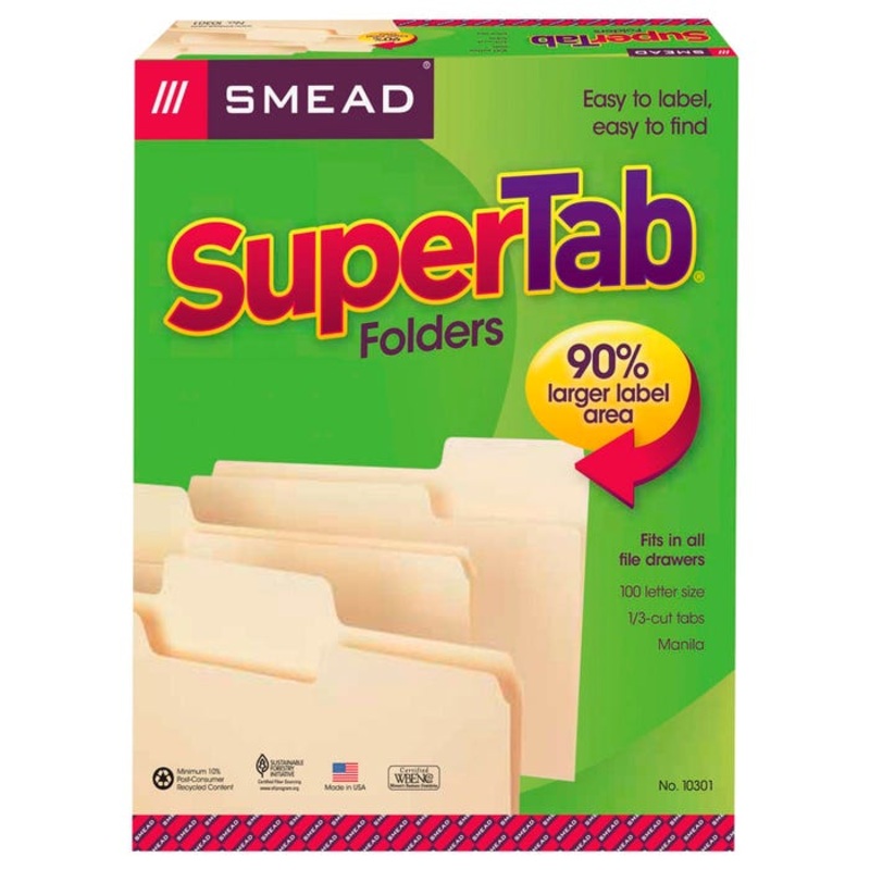 Smead SuperTab File Folders with Oversized Tabs, Letter Size, 1/3 Cut Tabs, Manila, 1-Ply, Pack of 100