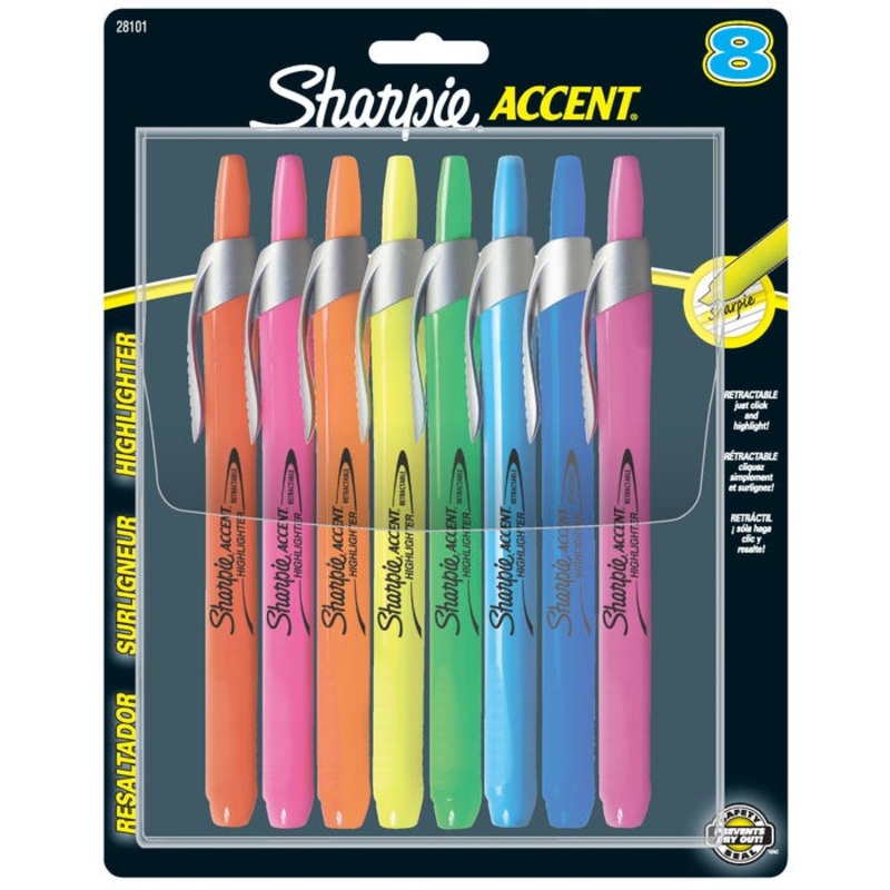 Sharpie Accent Smear Guard Non-Toxic Retractable Highlighter Set, Chisel-Narrow Tip, Assorted Color, Set of 8