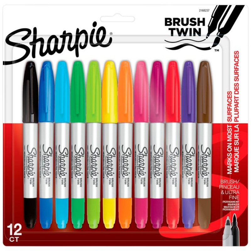Sharpie Brush Twin Permanent Markers, Brush and Ultra Fine Tips, Assorted Colors, Pack of 12