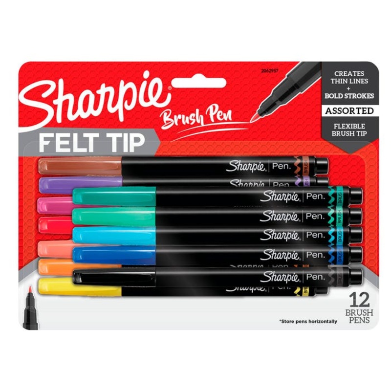 Sharpie Brush Tip Pens, Assorted Colors, Pack of 12