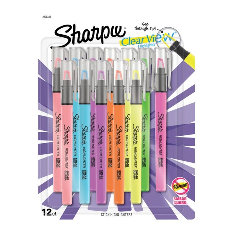 Sharpie Clear View Stick Highlighter, See-Through Chisel Tip, Assorted Colors, Pack of 12