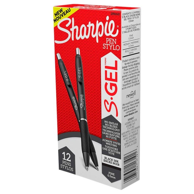 Sharpie S-Gel Pens, Fine Point, 0.5 mm, Black Ink, Pack of 12